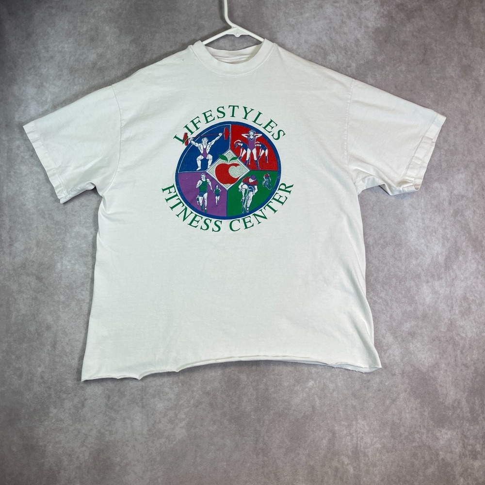 VINTAGE 80s Lifestyle Fitness Center Shirt Adult Large White Graphic Tee Gym USA